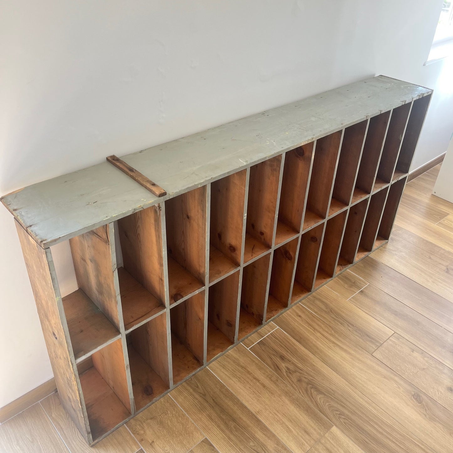 Large antique wood workshop cabinet with compartments, 20th century.
