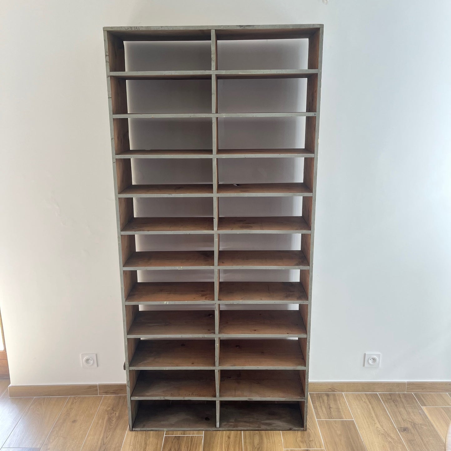 Large antique wood workshop cabinet with compartments, 20th century.
