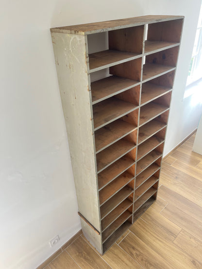 Large antique wood workshop cabinet with compartments, 20th century.
