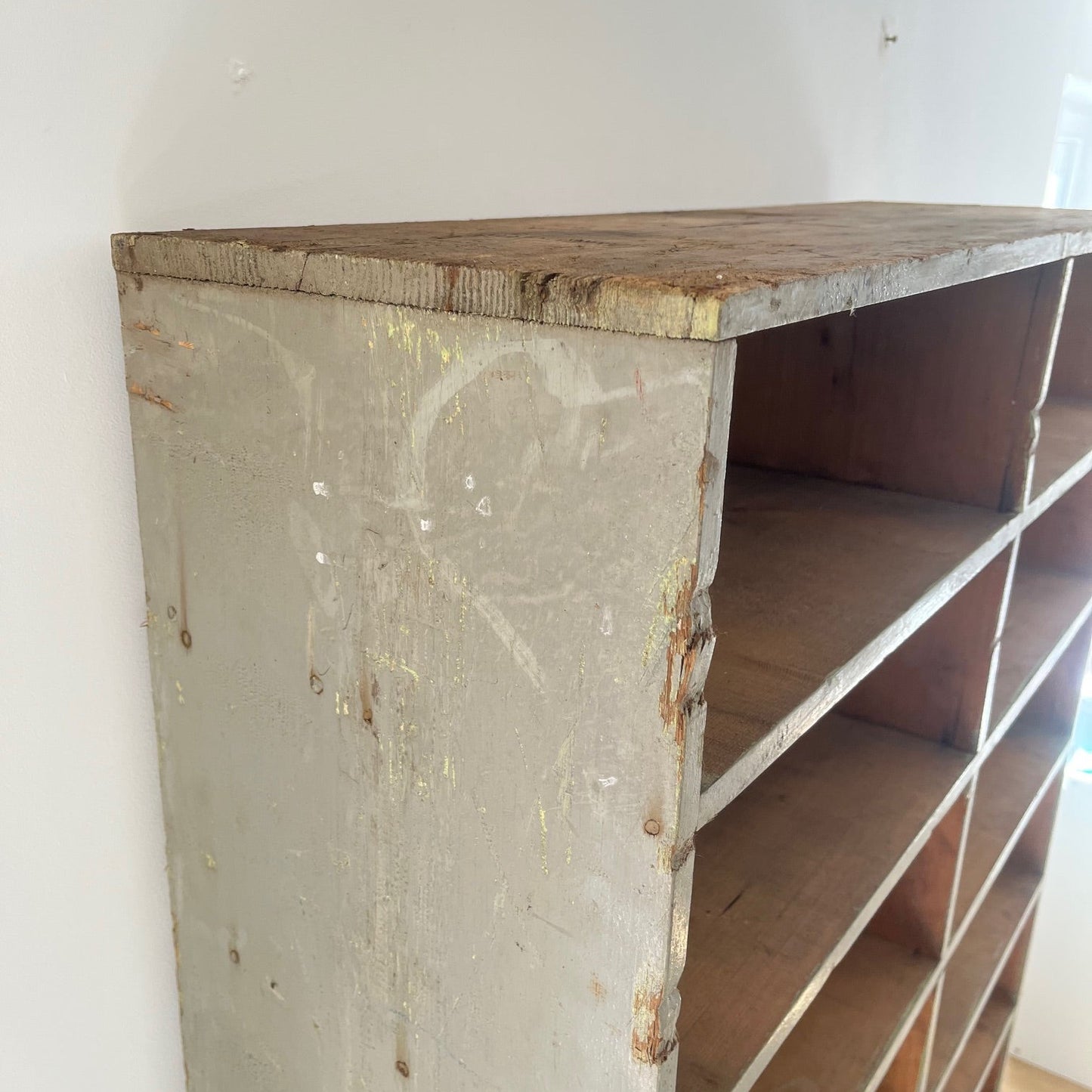 Large antique wood workshop cabinet with compartments, 20th century.
