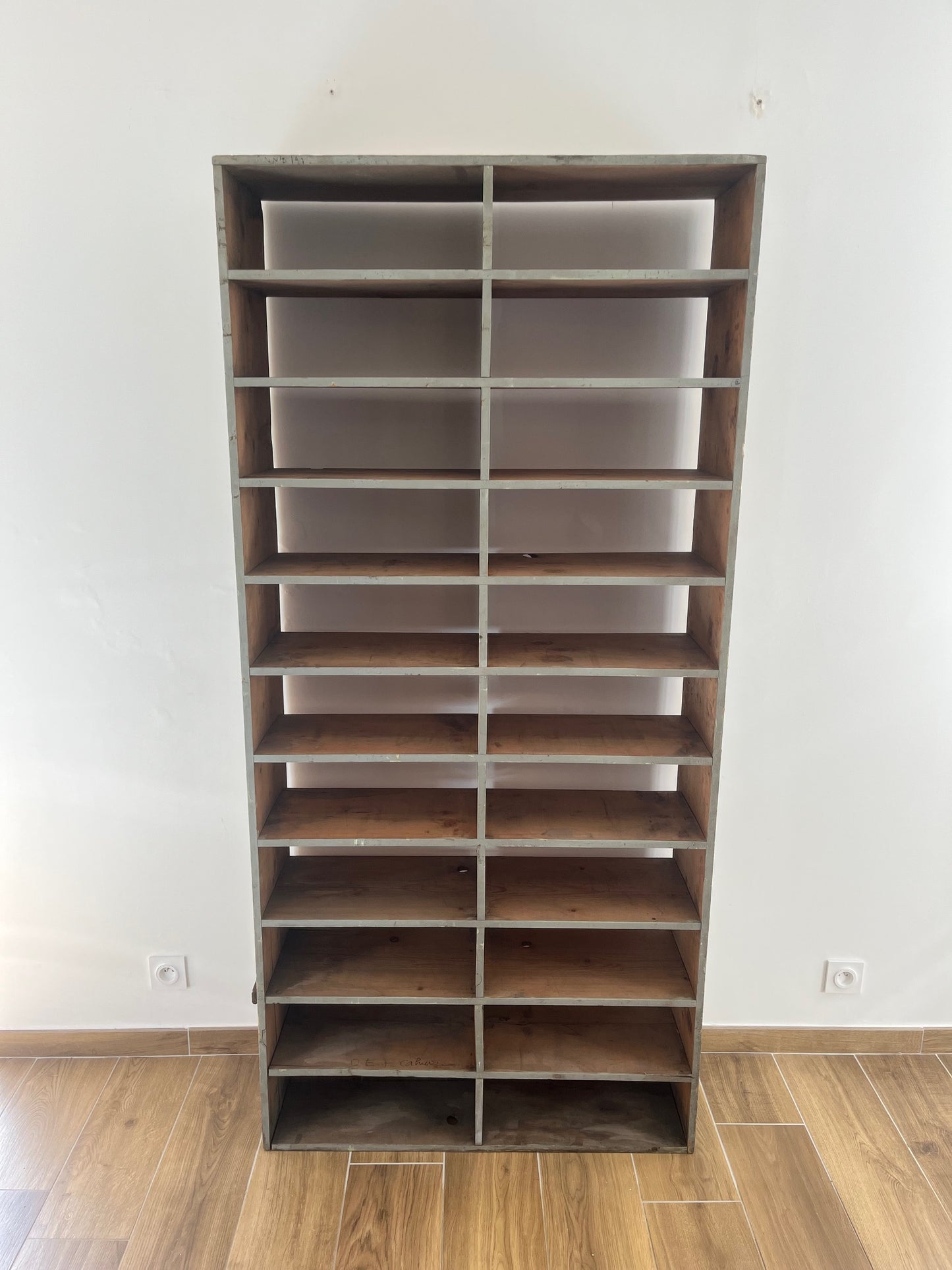 Large antique wood workshop cabinet with compartments, 20th century.
