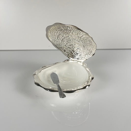 Beurrier vintage en métal "Huitre" et insert en verre, 1970