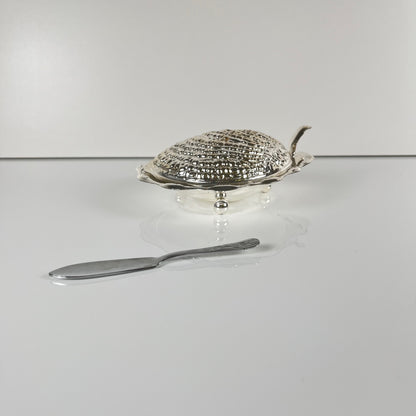 Beurrier vintage en métal "Huitre" et insert en verre, 1970