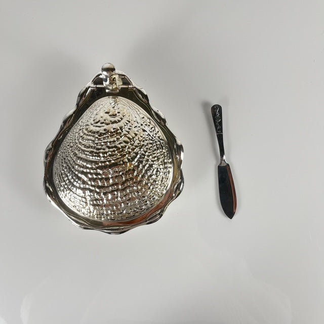 Beurrier vintage en métal "Huitre" et insert en verre, 1970