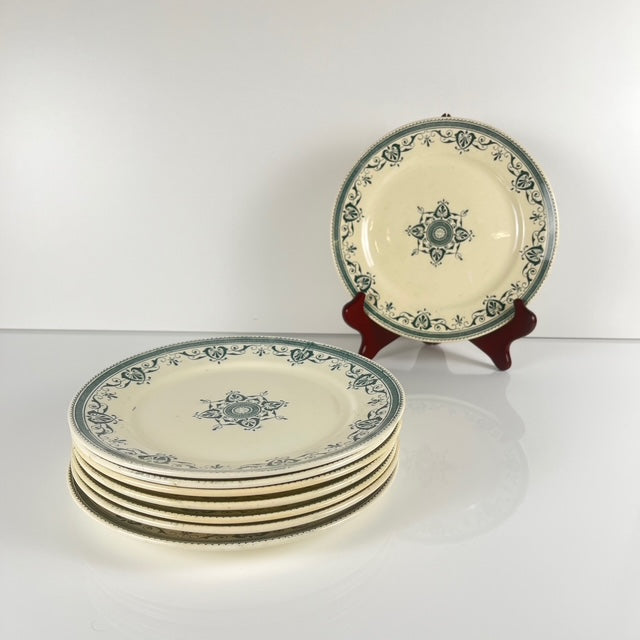 Set de 8 Assiettes à dessert terre de fer "Amiral", Creil & Montereau, vert-bleu, Fin XIXe