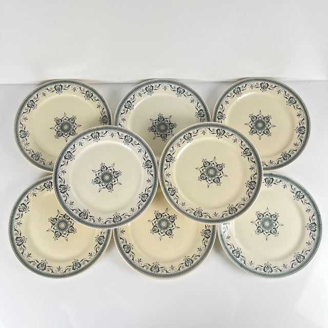 Set de 8 Assiettes à dessert terre de fer "Amiral", Creil & Montereau, vert-bleu, Fin XIXe