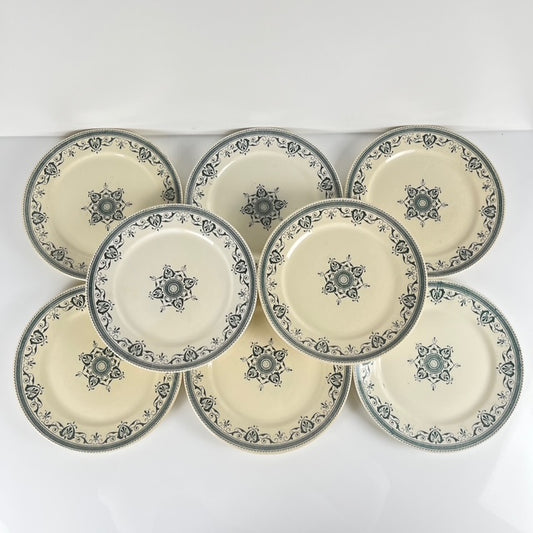 Set de 8 Assiettes à dessert terre de fer "Amiral", Creil & Montereau, vert-bleu, Fin XIXe