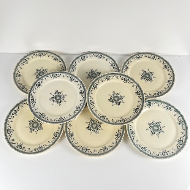 Set de 8 Assiettes à dessert terre de fer "Amiral", Creil & Montereau, vert-bleu, Fin XIXe