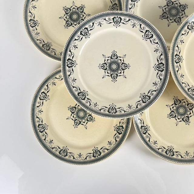 Set de 8 Assiettes à dessert terre de fer "Amiral", Creil & Montereau, vert-bleu, Fin XIXe