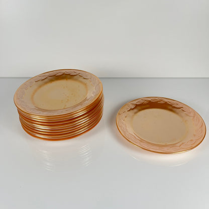 Important service Fire-King Peach Lustre "Feuille de laurier" pour 12 pers., Anchor Hocking , USA, années 50