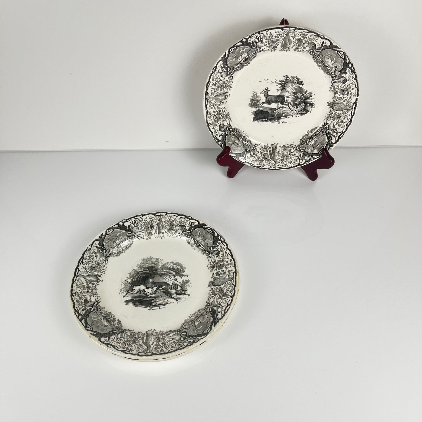 Trio of antique Sarreguemines U&C plates, hunting decor, 1850 - 19th century, black earthenware, The Doe, Chamois, Fox