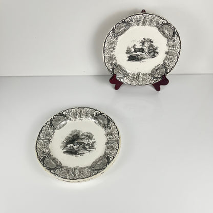 Trio of antique Sarreguemines U&C plates, hunting decor, 1850 - 19th century, black earthenware, The Doe, Chamois, Fox