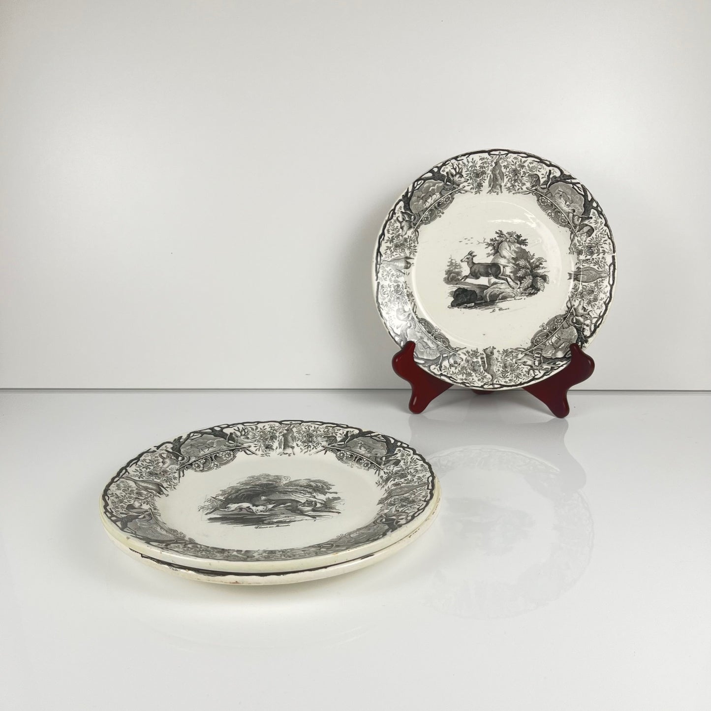 Trio of antique Sarreguemines U&C plates, hunting decor, 1850 - 19th century, black earthenware, The Doe, Chamois, Fox