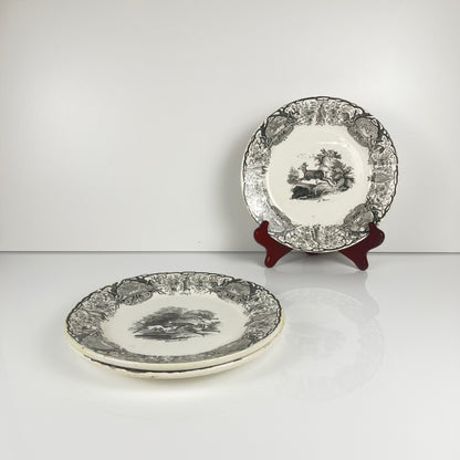 Trio of antique Sarreguemines U&C plates, hunting decor, 1850 - 19th century, black earthenware, The Doe, Chamois, Fox