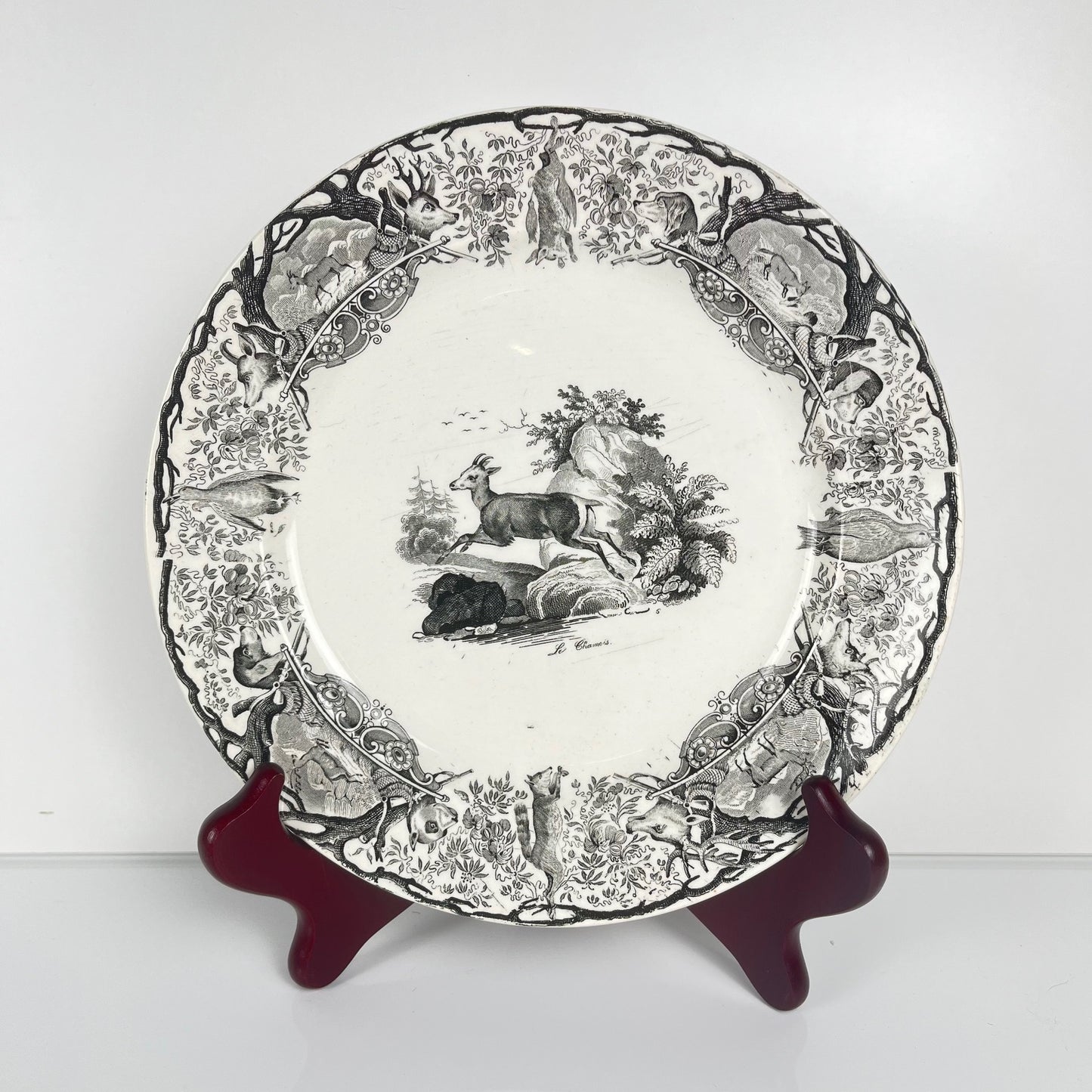 Trio of antique Sarreguemines U&C plates, hunting decor, 1850 - 19th century, black earthenware, The Doe, Chamois, Fox