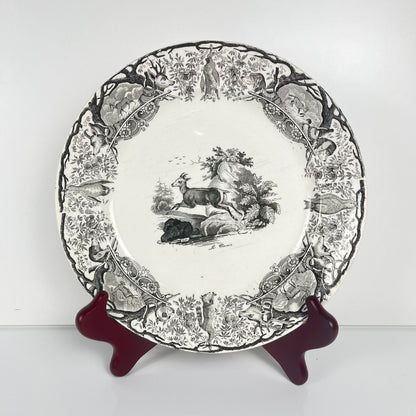 Trio of antique Sarreguemines U&C plates, hunting decor, 1850 - 19th century, black earthenware, The Doe, Chamois, Fox