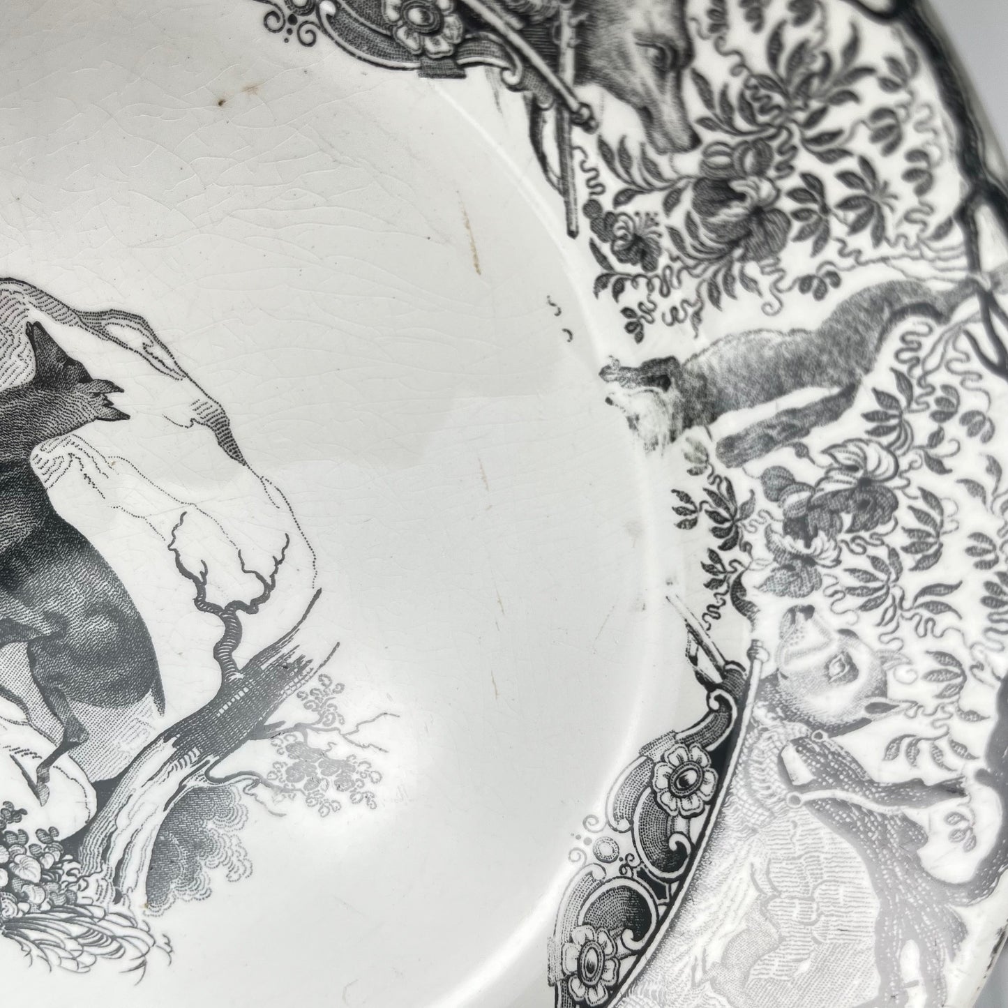 Trio of antique Sarreguemines U&C plates, hunting decor, 1850 - 19th century, black earthenware, The Doe, Chamois, Fox