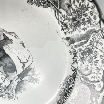 Trio of antique Sarreguemines U&C plates, hunting decor, 1850 - 19th century, black earthenware, The Doe, Chamois, Fox