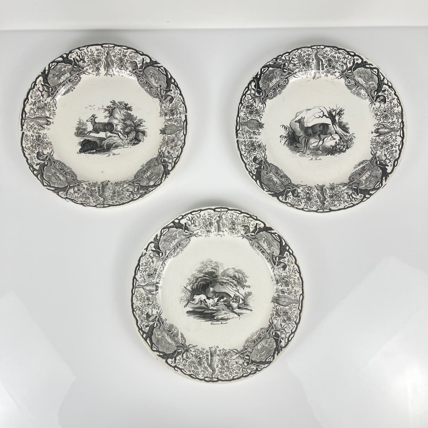 Trio of antique Sarreguemines U&C plates, hunting decor, 1850 - 19th century, black earthenware, The Doe, Chamois, Fox