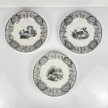 Trio of antique Sarreguemines U&C plates, hunting decor, 1850 - 19th century, black earthenware, The Doe, Chamois, Fox