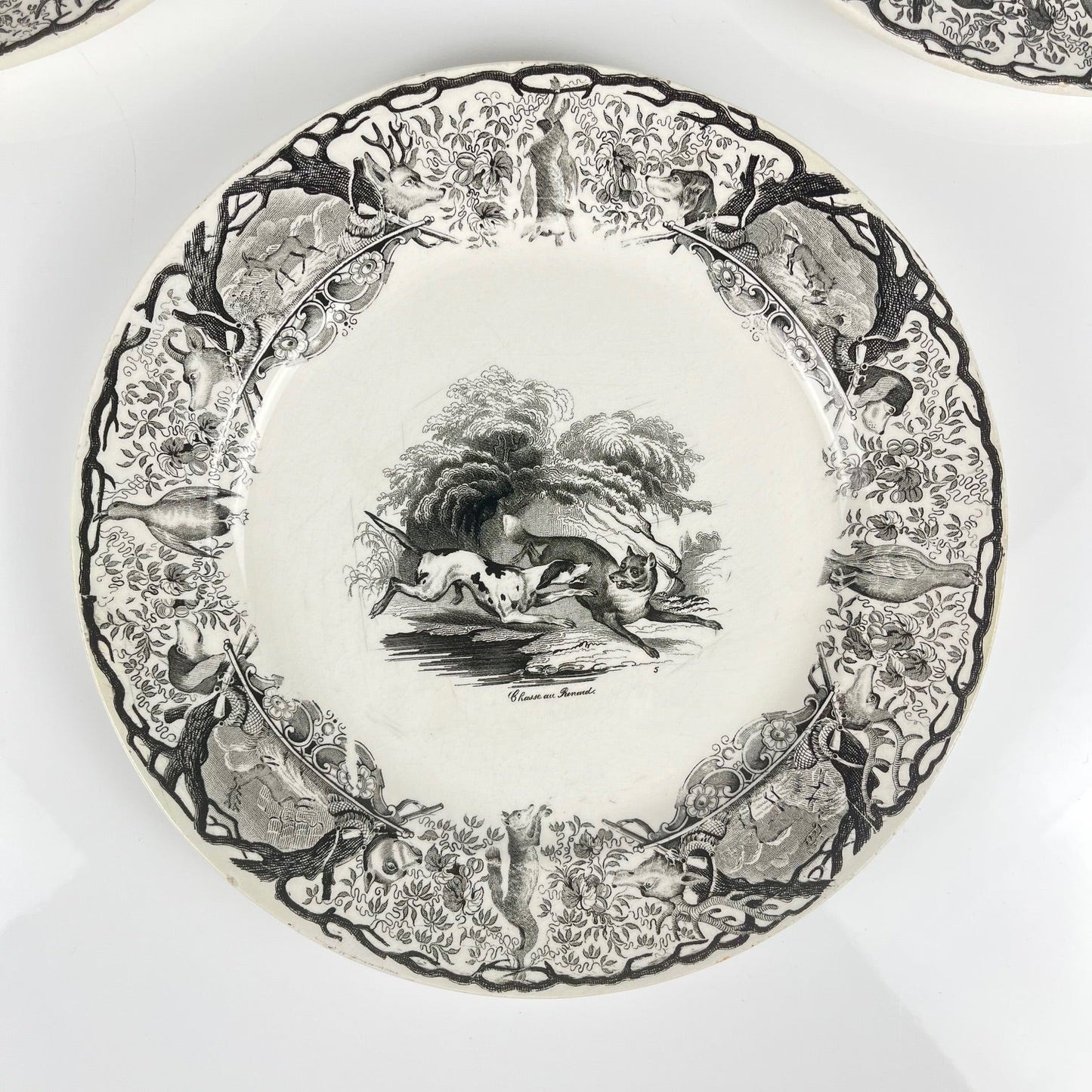 Trio of antique Sarreguemines U&C plates, hunting decor, 1850 - 19th century, black earthenware, The Doe, Chamois, Fox
