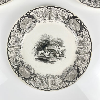 Trio of antique Sarreguemines U&C plates, hunting decor, 1850 - 19th century, black earthenware, The Doe, Chamois, Fox