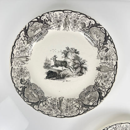 Trio of antique Sarreguemines U&C plates, hunting decor, 1850 - 19th century, black earthenware, The Doe, Chamois, Fox