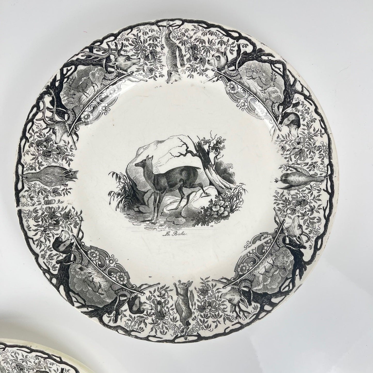 Trio of antique Sarreguemines U&C plates, hunting decor, 1850 - 19th century, black earthenware, The Doe, Chamois, Fox