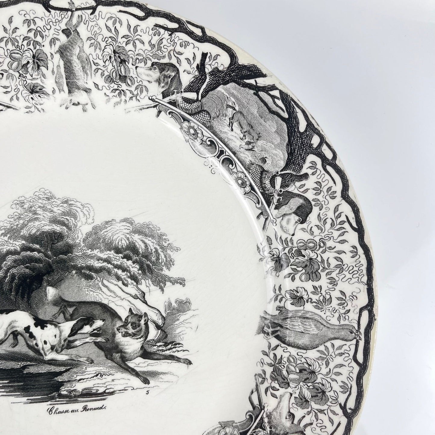 Trio of antique Sarreguemines U&C plates, hunting decor, 1850 - 19th century, black earthenware, The Doe, Chamois, Fox