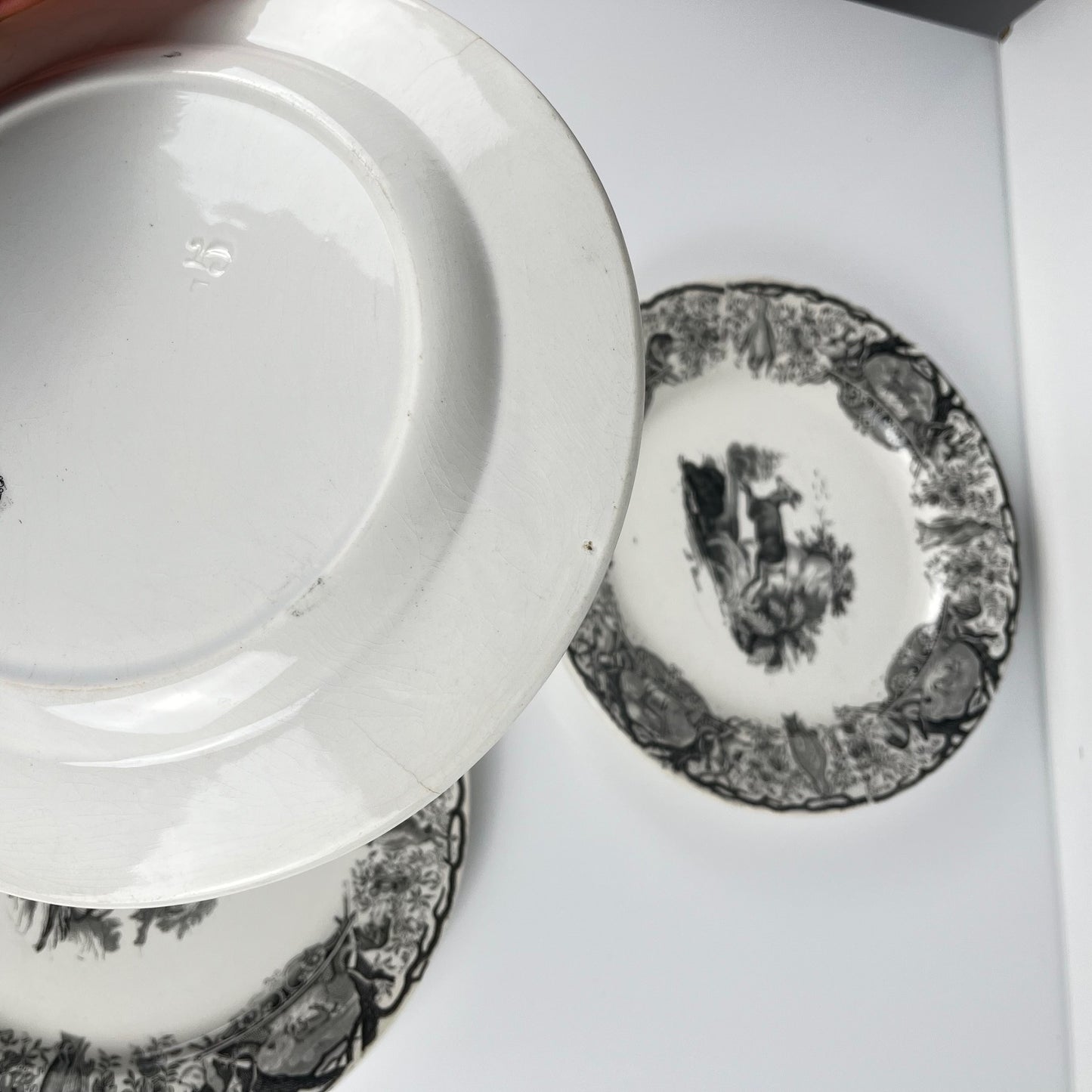 Trio of antique Sarreguemines U&C plates, hunting decor, 1850 - 19th century, black earthenware, The Doe, Chamois, Fox