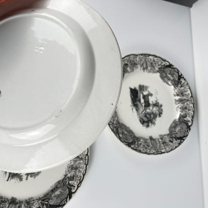 Trio of antique Sarreguemines U&C plates, hunting decor, 1850 - 19th century, black earthenware, The Doe, Chamois, Fox