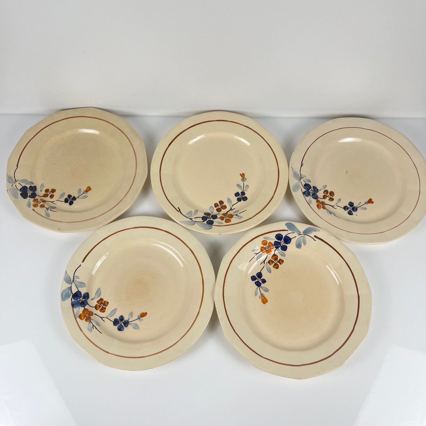 Set of 5 Sarreguemines floral dinner plates, 1920-40