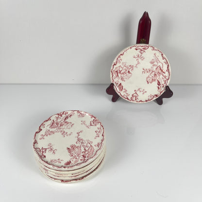 Rare Set of 6 bread plates KG Lunéville Ironstone, "Fontainebleau", pink, 19th century