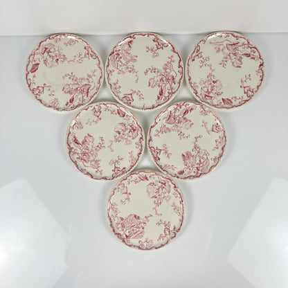 Rare Set of 6 bread plates KG Lunéville Ironstone, "Fontainebleau", pink, 19th century