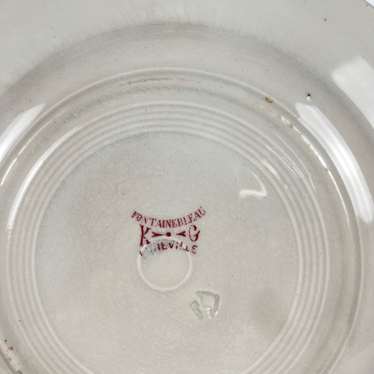 Set de 4 assiettes plates KG Lunéville Terre de fer, " Fontainebleau" , rose, XIXe siècle
