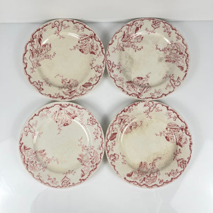 Set de 4 assiettes plates KG Lunéville Terre de fer, " Fontainebleau" , rose, XIXe siècle