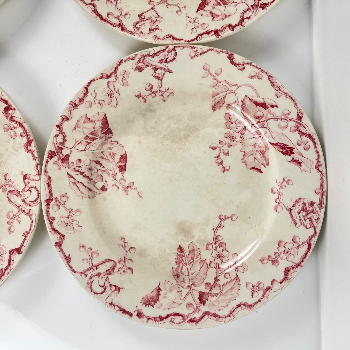 Set de 4 assiettes plates KG Lunéville Terre de fer, " Fontainebleau" , rose, XIXe siècle