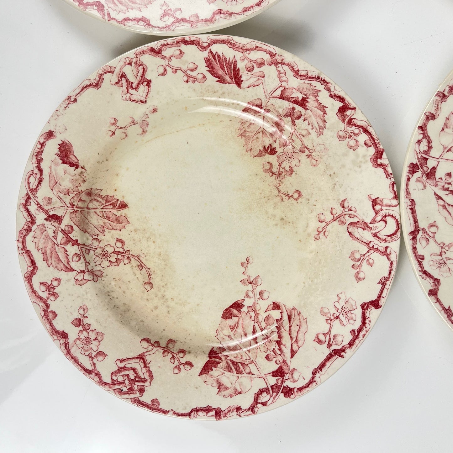 Set de 4 assiettes plates KG Lunéville Terre de fer, " Fontainebleau" , rose, XIXe siècle
