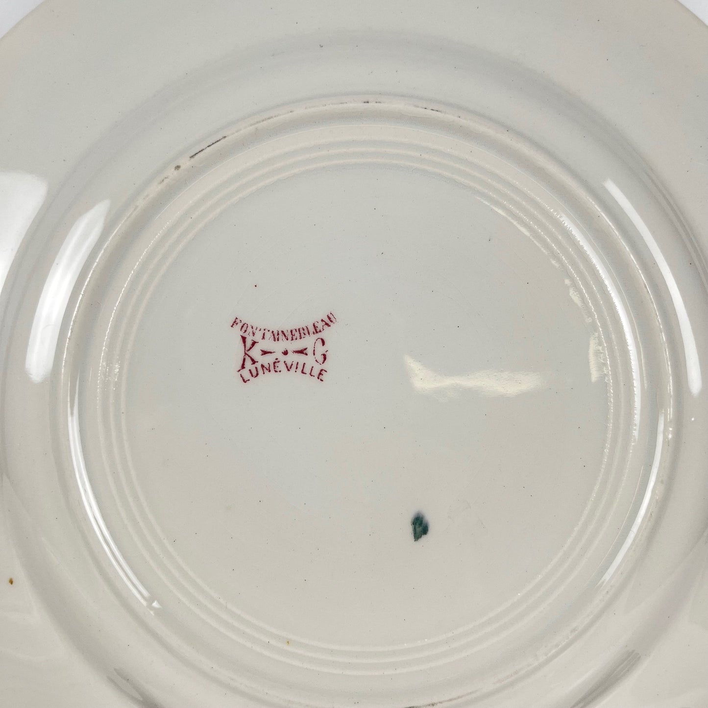 Set de 6 assiettes plates KG Lunéville Terre de fer, " Fontainebleau" , rose, XIXe siècle