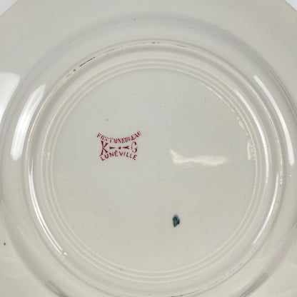 Set de 6 assiettes plates KG Lunéville Terre de fer, " Fontainebleau" , rose, XIXe siècle