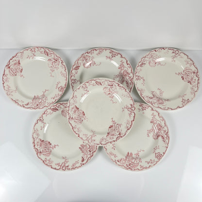 Set de 6 assiettes plates KG Lunéville Terre de fer, " Fontainebleau" , rose, XIXe siècle