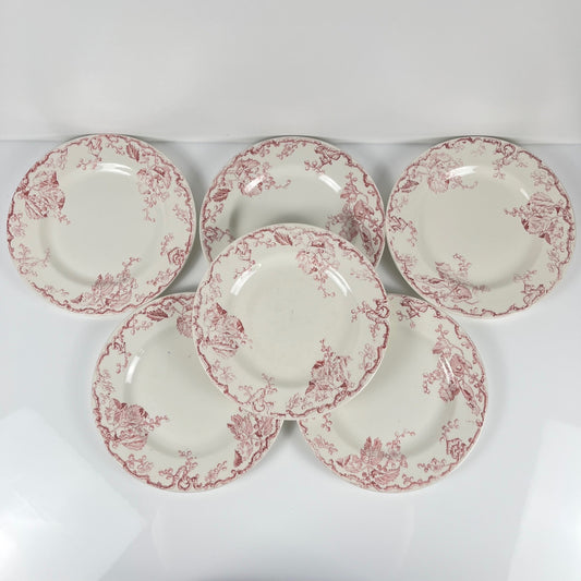 Set de 6 assiettes plates KG Lunéville Terre de fer, " Fontainebleau" , rose, XIXe siècle