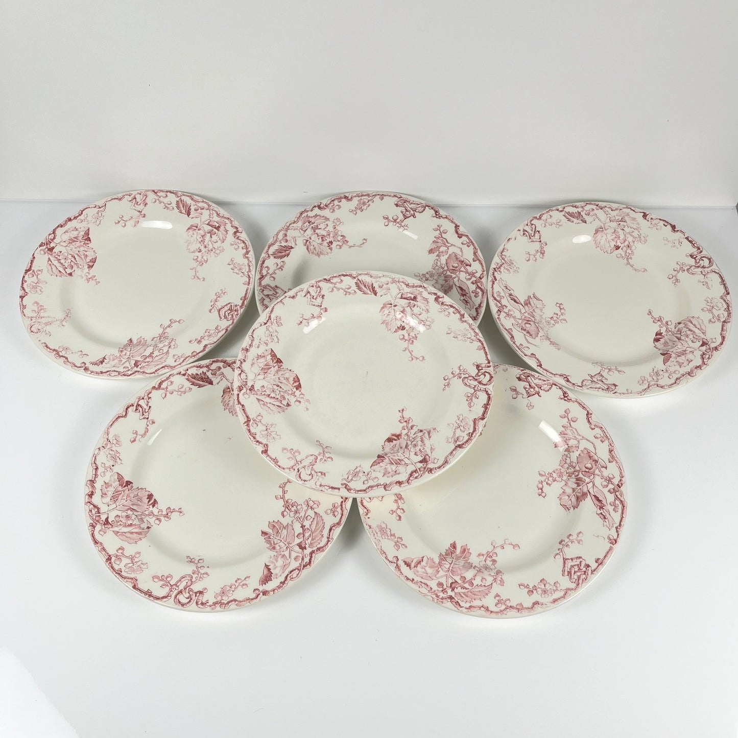 Set de 6 assiettes plates KG Lunéville Terre de fer, " Fontainebleau" , rose, XIXe siècle