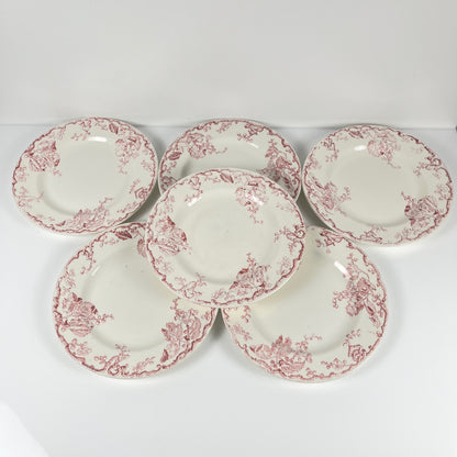 Set de 6 assiettes plates KG Lunéville Terre de fer, " Fontainebleau" , rose, XIXe siècle