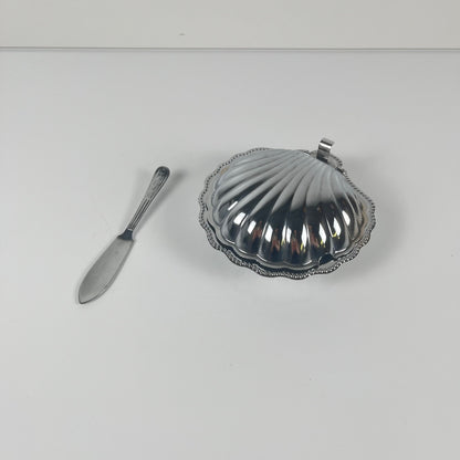 Beurrier coquillage en métal et insert bleu, 1970 avec couteau