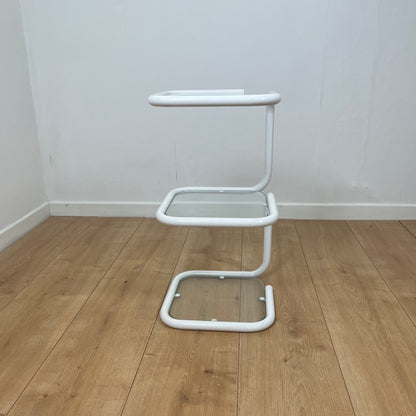 Vintage white tubular metal and glass side table, 1980s modernist design