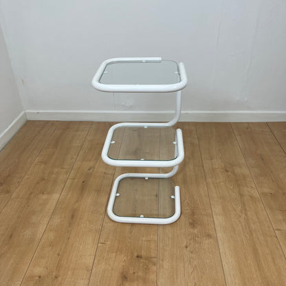 Vintage white tubular metal and glass side table, 1980s modernist design