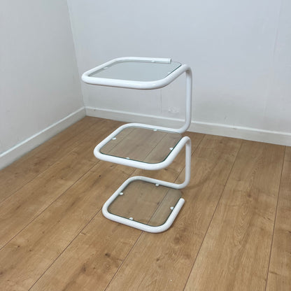 Vintage white tubular metal and glass side table, 1980s modernist design