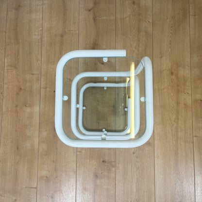 Vintage white tubular metal and glass side table, 1980s modernist design