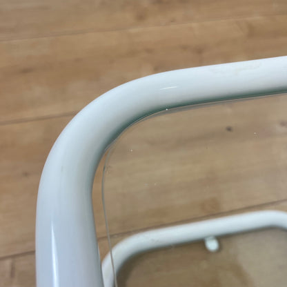 Vintage white tubular metal and glass side table, 1980s modernist design